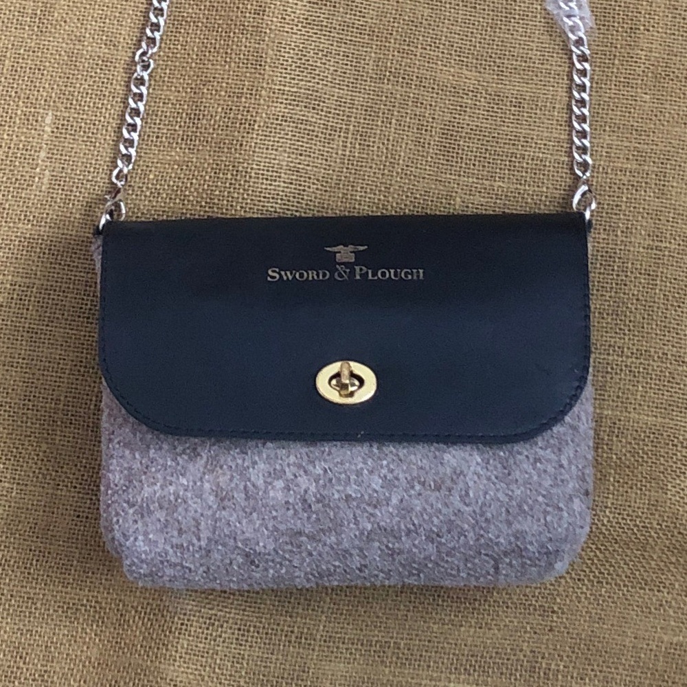 Sword & Plough Crossbody  Grey Wool and a Dark Blue Leather
